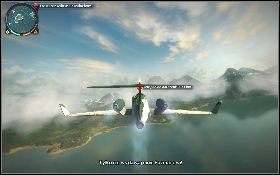 Zacznij rozpędzać maszynę [1] (klawisz shift), a po nabraniu odpowiedniej prędkości wystartuj nią [2] i leć ciągle przed siebie - Problemy na lotnisku | Opis przejścia Just Cause 2 - Karaluchy I - Just Cause 2 - poradnik do gry