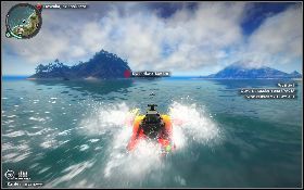 Wsiądź do łodzi motorowej [1] i zacznij płynąć w stronę dziennikarza [2] - Blokada informacji | Opis przejścia Just Cause 2 - Karaluchy IV - Just Cause 2 - poradnik do gry