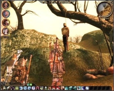 Na jednym z wniesień zobaczysz powieszonego mężczyznę (M3, 4) oraz stojących pod nim katów , którzy gdy tylko Cię zobaczą zaatakują, nie chcąc, aby ktokolwiek widział to co zrobili - M3 Sękate Wzgórza | Mapy | Atlas świata w Dragon Age Początek Przebudzenie - Dragon Age: Początek - Przebudzenie - poradnik do gry