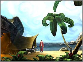 Po wymianie zdań z uwięzionym na bocianim gnieździe kapitanem połącz w ekwipunku linę z harpunem i spróbuj wystrzelić mu ją na górę - Wyspa (1) | Opis przejścia Simon the Sorcerer 5 - Simon the Sorcerer 5: Kto nawiąże kontakt? - poradnik do gry