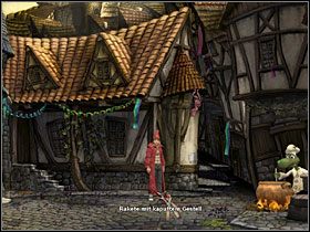 Skieruj się w stronę miejskiego muru (przejście na lewo od gotującego Bagiennego), gdzie ukryty jest pojazd, o którym wspominał Doktor Walden - Magiczne Królestwo (2) | Opis przejścia Simon the Sorcerer 5 - Simon the Sorcerer 5: Kto nawiąże kontakt? - poradnik do gry