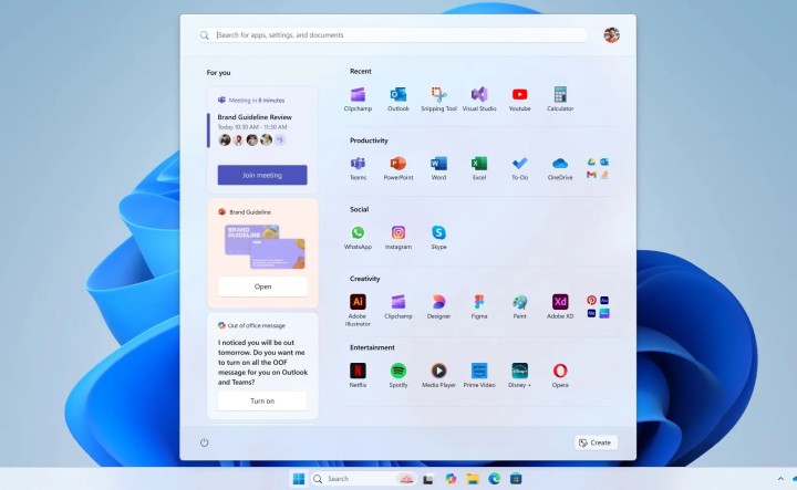 Jeden z odrzuconych projektów z sekcją „Dla Ciebie” z boku okna. Źródło: Blog Microsoftu - Tak mogło wyglądać Menu Start w Windows 11. Microsoft pokazał odrzucone koncepty - wiadomość - 2025-05-14