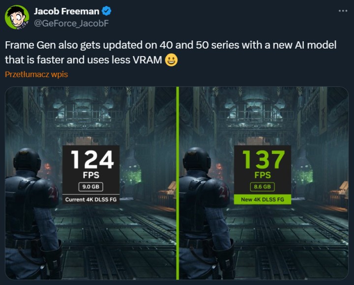 Korzyści płynące z ulepszonego generowania klatek w DLSS 4. Źródło: Jacob Freeman na X - Karty graficzne RTX 40 także skorzystają na wprowadzeniu DLSS 4 - wzrośnie fps i spadnie zużycie VRAM-u - wiadomość - 2025-01-15