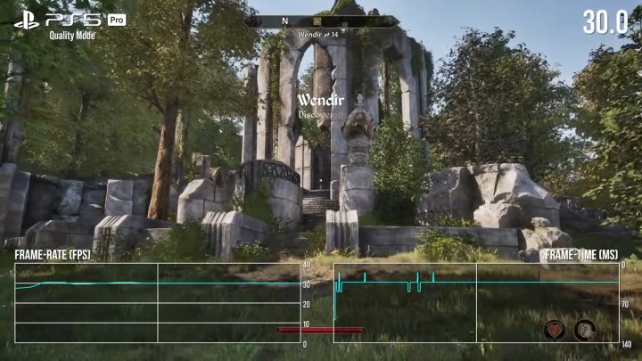 Tryb Quality na PS5 Pro – tutaj także zdarzają się spadki fps. Źródło: Digital Foundry - Miała być nostalgia, jest frustracja. Oblivion Remastered na konsolach z poważnymi problemami technicznymi - wiadomość - 2025-05-12