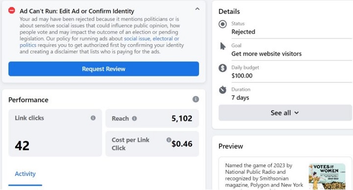 Źródło: Board Game Wire - Reklamy planszówki o sufrażystkach usunięte z Facebooka. Meta oceniła, że gra mogłaby wpłynąć na wynik wyborów - wiadomość - 2024-01-15