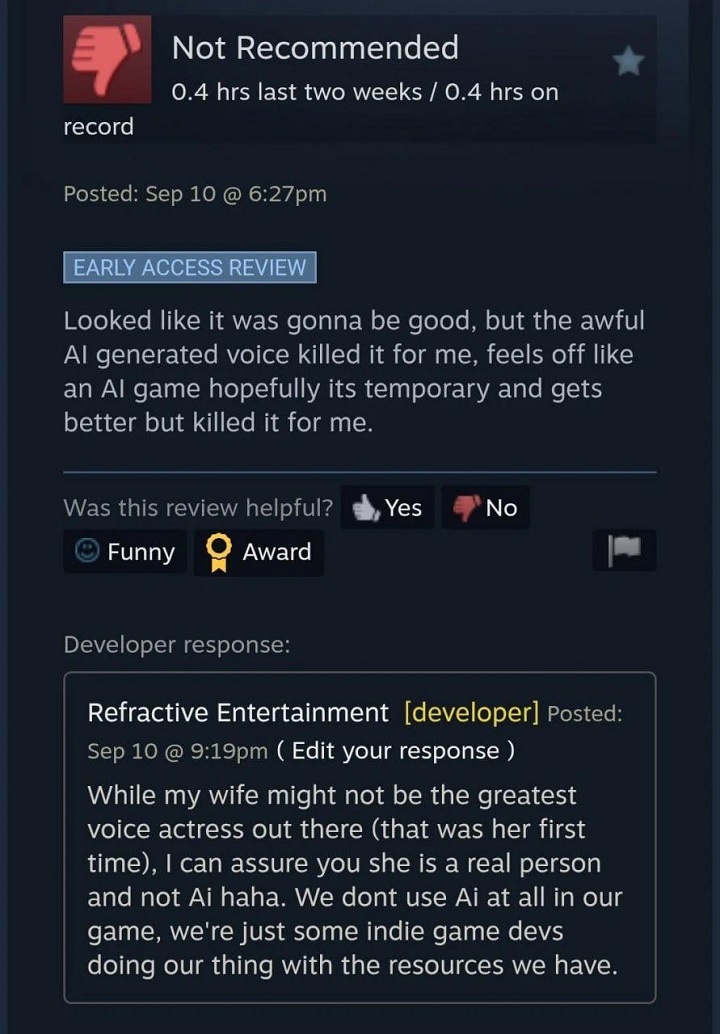 Źródło: Steam - Twórcę gry oskarżono o użycie AI w dubbingu, chociaż to dzieło jego żony. W społeczności rozkręca się polowanie na czarownice - wiadomość - 2026-09-21