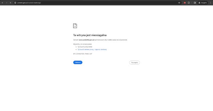 Podatki.gov.pl wciąż nie są dostępne. Źródło: Własne - Strona Podatki.gov.pl nie wytrzymała naporu. Polacy masowo ruszyli rozliczać podatki - wiadomość - 2024-02-15