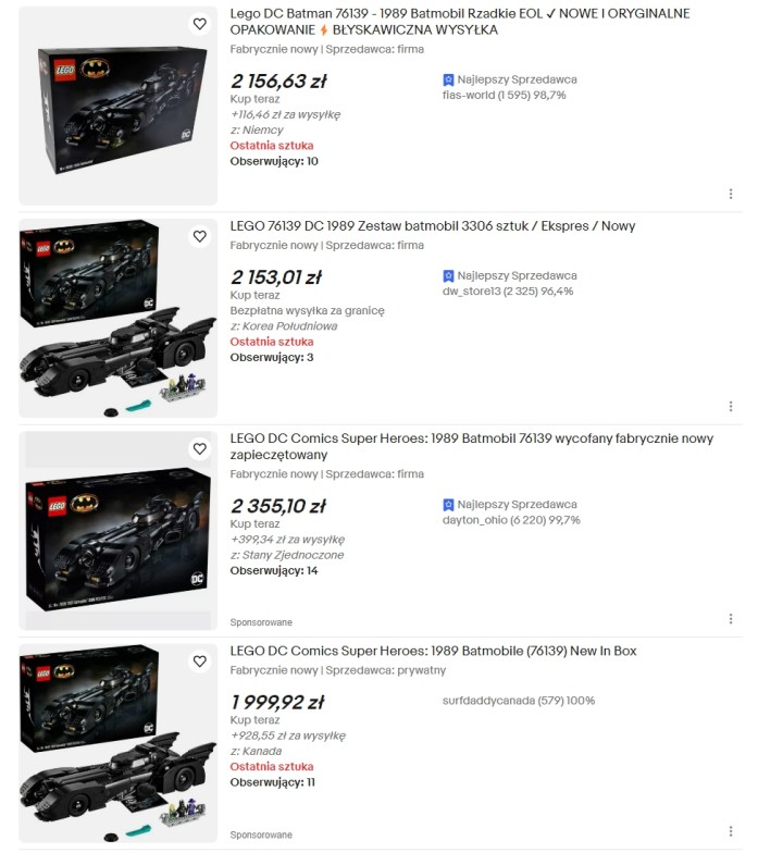 Źródło: własne - Ten sprzedawca chyba oszalał, wystawiając unikalny zestaw LEGO Batmobil 1989 za takie pieniądze. Nie znalazłem lepszej oferty tego liczącego 3308 elementów modelu - wiadomość - 2024-08-07