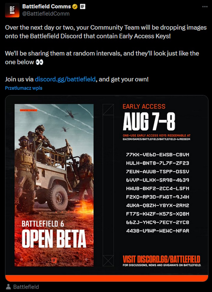 Ogłoszenie o kluczach do bety BF6. Źródło: X - Uważnie obserwujcie Discorda. Twórcy Battlefield 6 rozdają klucze do wczesnego dostępu bety - wiadomość - 2025-08-06