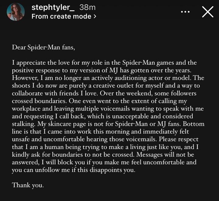 Modelka, która użyczyła wizerunku MJ w Marvels Spider-Man, ofiarą prześladowania. Prosi fanów o nieprzekraczanie granic - ilustracja #1