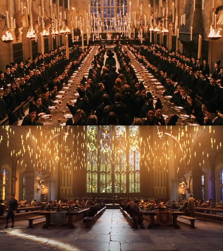 Wielka sala w filmach (góra) i w grze Hogwarts Legacy (dół) | Harry Potter i Kamień Filozoficzny, Chris Columbus, Warner Bros. Pictures, 2001 / Hogwarts Legacy, Warner Bros. Games, 2023 - Zdjęcia z planu serialu Harry Potter wywołały sporą ekscytację wśród fanów, którzy chcą, by ta lokacja wyglądała jak w Hogwarts Legacy - wiadomość - 2025-07-08