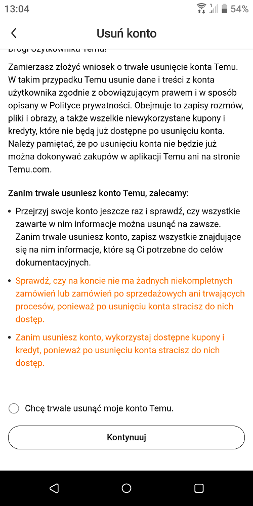 Usuwanie konta na Temu sprowadza się głównie do kilkukrotnego potwierdzenia naszych zamiarów. Źródło: własne.