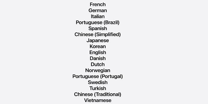 Lista obsługiwanych języków przez Apple Intelligence. Źródło: Apple. - Apple na WWDC 2025: AI nadal bez języka polskiego i ogromna zmiana w nazewnictwie systemów - wiadomość - 2025-06-09