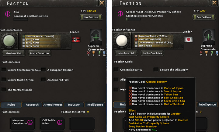 Bardzo wczesne wersje okien frakcji z planowanymi zmianami. - Wielkie plany dotyczące HoI 4. Paradox szykuje pełne przeprojektowanie największych graczy: państw Osi i Aliantów - wiadomość - 2025-07-07