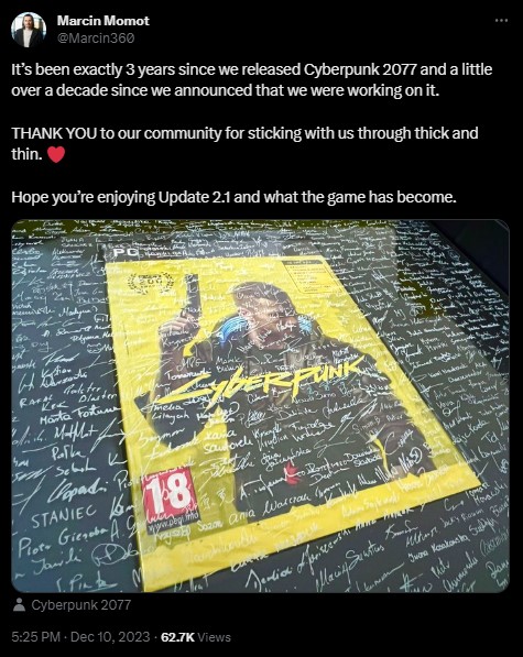Twórcy Cyberpunka 2077 podziękowali społeczności graczy za 3 lata wsparcia - ilustracja #2