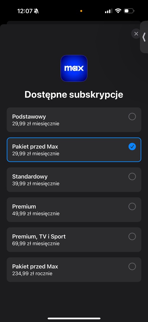 Cena Pakietu przed Max dla użytkowników, którzy przerwali opłacanie go. Źródło: własne.