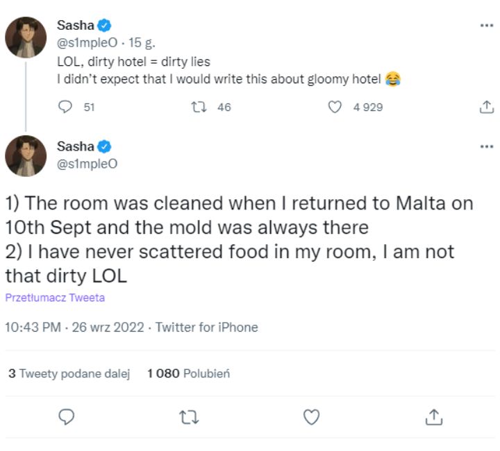 Syf i pleśń w pokoju; mistrz CSGO narzeka na hotel, a obsługa na niego - ilustracja #3