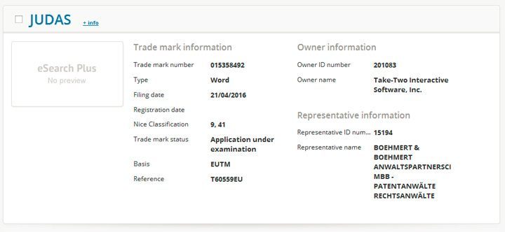 Informacje o zarejestrowanej nazwie zostały już schowane, ale wcześniej fani zdążyli zrobić zrzut ekranu. - Judasz nową grą od Take-Two Interactive? - wiadomość - 2016-04-22