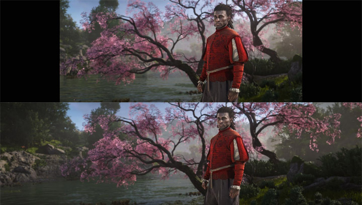 Na górze przerywnik filmowy w standardowej wersji gry, a na dole w wersji z modem. - Fan naprawił w Assassin's Creed: Shadows element, na który narzekało wielu graczy - wiadomość - 2025-04-10