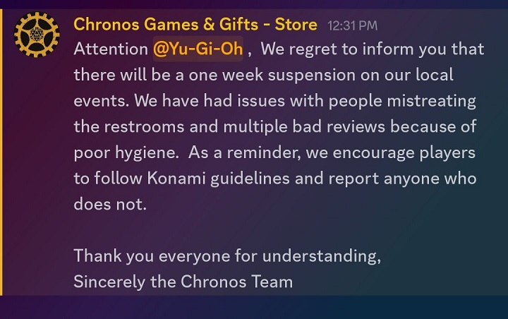 Źródło: Chronos Games & Gifts / Discord - Sklep z kartami odwołał turniej Yu-Gi-Oh, bo gracze nie zadbali o higienę. Co najgorsze, zdarza się to częściej niż myślicie - wiadomość - 2026-07-01