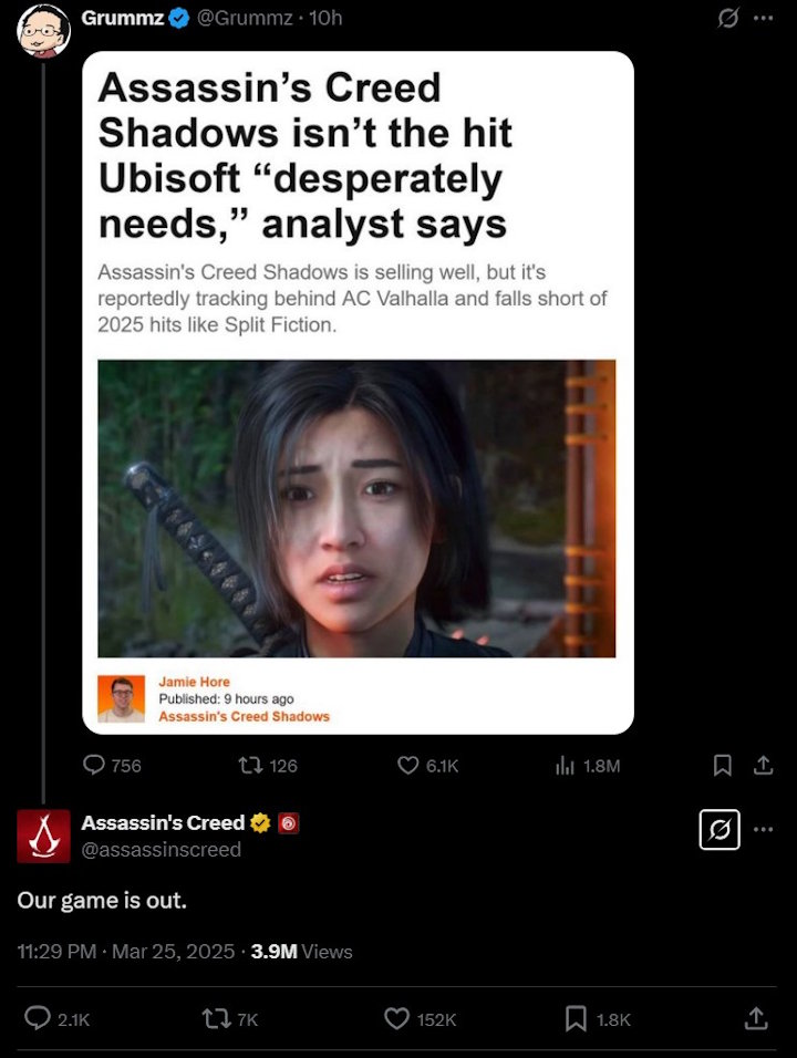 Źródło: X - Elon Musk nazwał AC: Shadows okropną grą i doczekał się oficjalnej odpowiedzi. „Czy tak powiedział ci facet grający na twoim koncie w PoE 2?” - wiadomość - 2025-03-26
