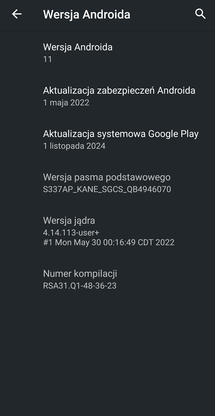W ustawieniach telefonu znajdziemy szczegółowe informacje na temat wersji systemu Android. Źródło: własne. - Jaki jest najnowszy Android w 2025 roku i jak sprawdzić wersję Androida? Odpowiadamy i objaśniamy - wiadomość - 2025-03-26
