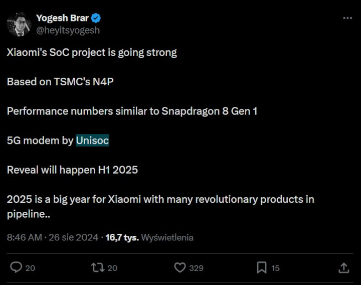 Źródło: X - Xiaomi ma powrócić do tworzenia własnych czipów; konkrety powinny pojawić się w przyszłym roku - wiadomość - 2024-08-27