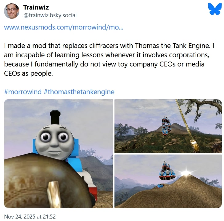 Bluesky - Dodał lokomotywę Tomka do Skyrima, a teraz wrzuca go do Morrowinda. Moder „nie uczy się na błędach” i nabija z prawników Mattel - wiadomość - 2025-11-26