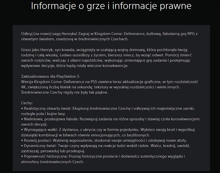 Źródło: PlayStation Store. - To już pewne, Kingdom Come: Deliverance trafi na PS5 i Xboxy Series. Sony przypadkiem ujawniło ulepszenia: „średniowieczne Czechy nigdy nie były tak piękne” - wiadomość - 2026-01-28