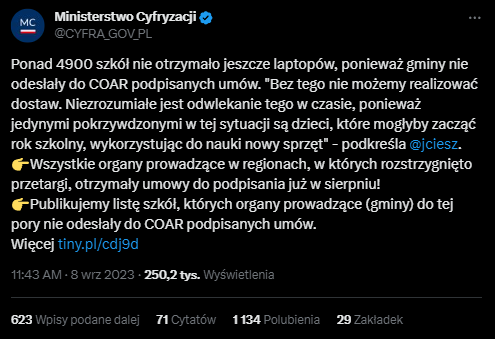 Źródło: X @CYFRA_GOV_PL - To może być koniec programu „Laptop dla ucznia” - wiadomość - 2024-01-19
