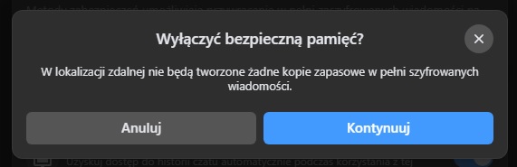 Wyłączając bezpieczną pamięć, sprawiamy, że Messenger przestaje tworzyć kopie naszych wiadomości w zdalnej lokalizacji. Źródło: własne.
