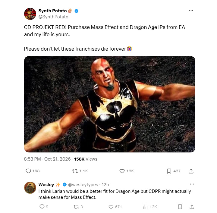 Źródło fot. Twitter. - Co dalej z Mass Effectem i Dragon Age? Po zamknięciu BioWare fani marzą o CD Projekt RED i Larianie - wiadomość - 2026-10-22