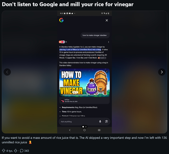 Źródło: WonderfulScholar6171 / Reddit. - Rolnik ze Stardew Valley posłuchał rady AI i wyprodukował 136 bezużytecznych butelek soku ryżowego - wiadomość - 2026-03-26