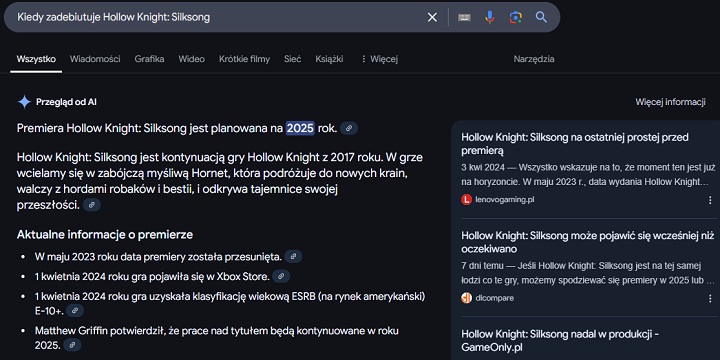 Pytanie o datę premiery Hollow Knight Silksong. Źródło: Własne. - „Przegląd od AI” od Google już dostępny w Polsce. Sprawdzamy, jak radzi sobie nowa funkcja w wyszukiwarce - wiadomość - 2025-03-27