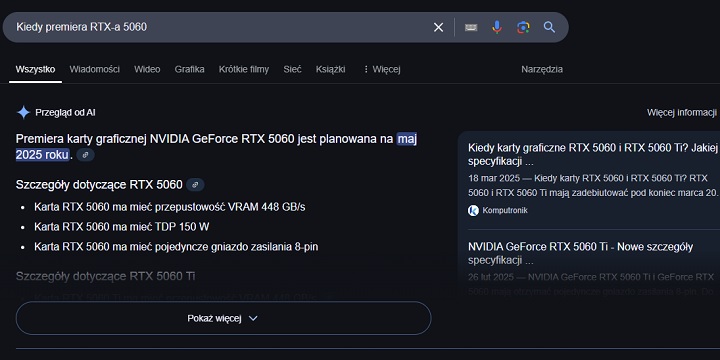 Pytanie o datę premery RTX-a 5060. Źródło: Własne. - „Przegląd od AI” od Google już dostępny w Polsce. Sprawdzamy, jak radzi sobie nowa funkcja w wyszukiwarce - wiadomość - 2025-03-27