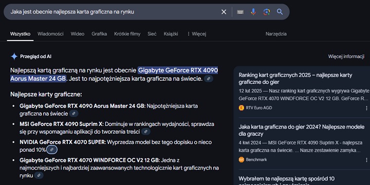 Pytanie o najlepszą kartę graficzną. Źródło: Własne. - „Przegląd od AI” od Google już dostępny w Polsce. Sprawdzamy, jak radzi sobie nowa funkcja w wyszukiwarce - wiadomość - 2025-03-27