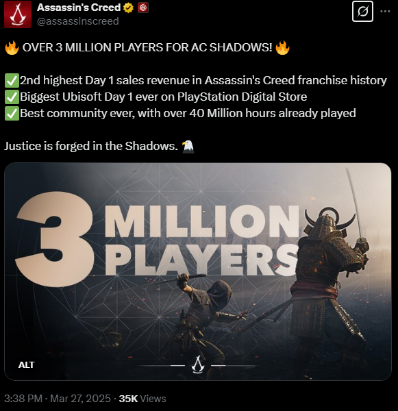 Źródło: X, Assassin’s Creed - Assassin's Creed: Shadows osiąga kolejny ważny kamień milowy raptem tydzień po premierze - wiadomość - 2025-03-27