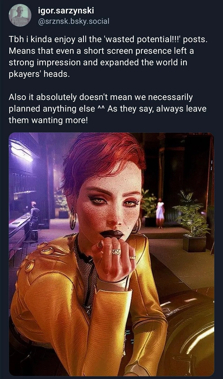 Źródło: BlueSky - Współtwórca Cyberpunka 2077 lubi narzekania graczy na „zmarnowany potencjał” postaci i ma ku temu konkretny powód - wiadomość - 2026-03-04