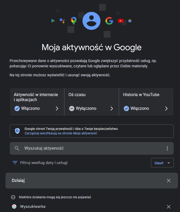 Okno aktywności na koncie Google. Źródło: własne.