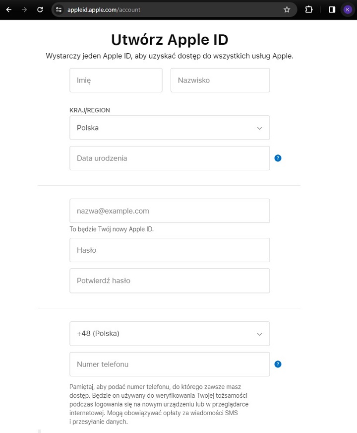 Apple ID można utworzyć przez stronę internetową. Źródło: Apple - Jak utworzyć Apple ID? - wiadomość - 2024-02-02