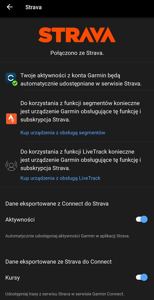 Konta Garmin i Strava można połączyć w Garmin Connect. Źródło: własne.