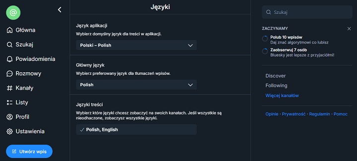 Bluesky w języku polskim. Źródło: własne. - Bluesky po polsku. Czy jest dostępny? Odpowiadamy - wiadomość - 2024-11-29