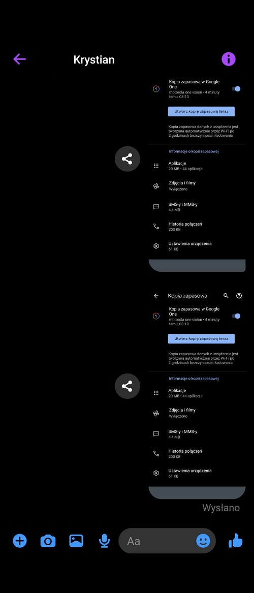 Do przesyłania danych pomiędzy urządzeniami można wykorzystać nawet Messengera. Źródło: własne.