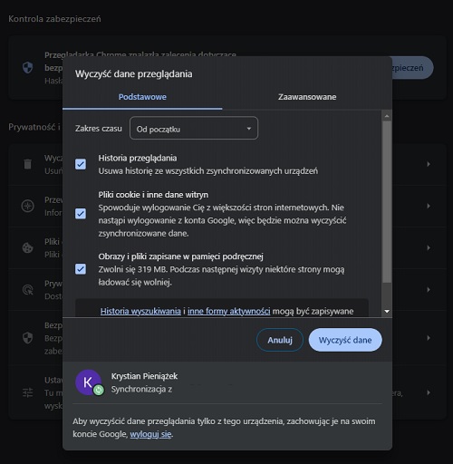 W Chrome możemy usunąć ciasteczka pochodzące jedynie z wybranego okresu. Źródło: Google Chrome.