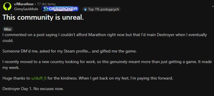 Źródło: Reddit - Gracz napisał, że chciałby zagrać w Marathon, ale nie może go kupić. Chwilę później na jego konto Steam trafił prezent od innego fana shootera - wiadomość - 2026-03-06