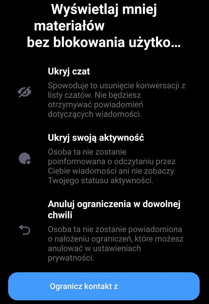 Ograniczenie kontaktu z daną osobą to mniej drastyczny sposób na usunięcie jej z listy swoich czatów. Źródło: własne. - Jak usunąć osobę z Messengera? Podajemy najprostsze sposoby - wiadomość - 2024-11-15