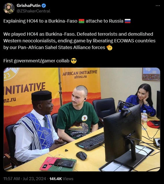 Grisha Putin chwalący się rządową współpracą… i „zniszczeniem zachodnich neokolonialistów” w modyfikacji Hearts of Iron 4: African Dawn (konto usunięte). Źródło: DFRLab.