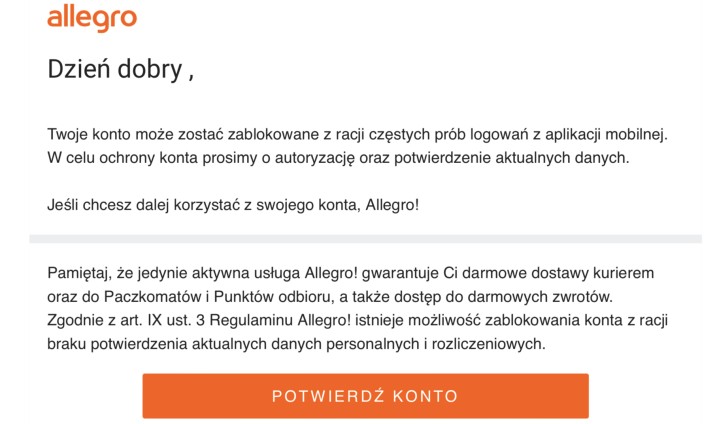 Uważajcie na e-maile od Allegro - wysoka aktywność cyberprzestępców - ilustracja #1