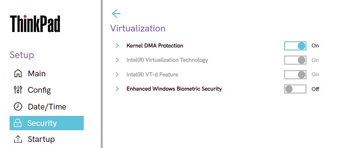Włączanie wirtualizacji sprzętowej na komputerze firmy Lenovo. Źródło: Lenovo.