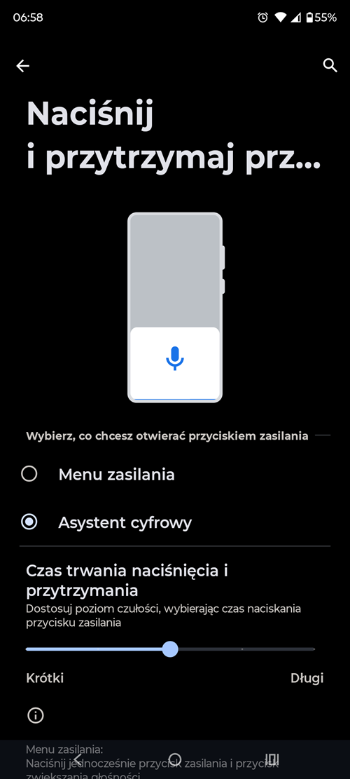 W ustawieniach gestów możemy zdecydować o tym, co chcemy otwierać przyciskiem zasilania. Źródło: własne.